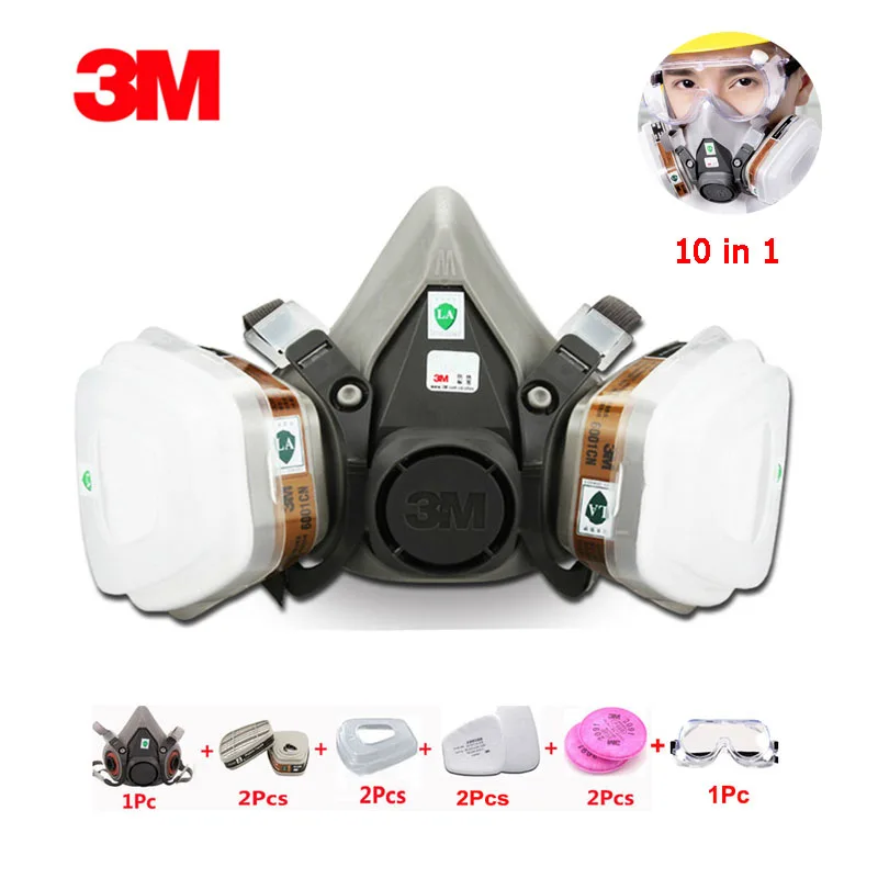 Baratos 3M6200 10 Uds. En 1 Juego de máscara de Gas pintura de aerosol químico respirador de protección de Gas orgánico con gafas 2091 Filtro de polvo de algodón