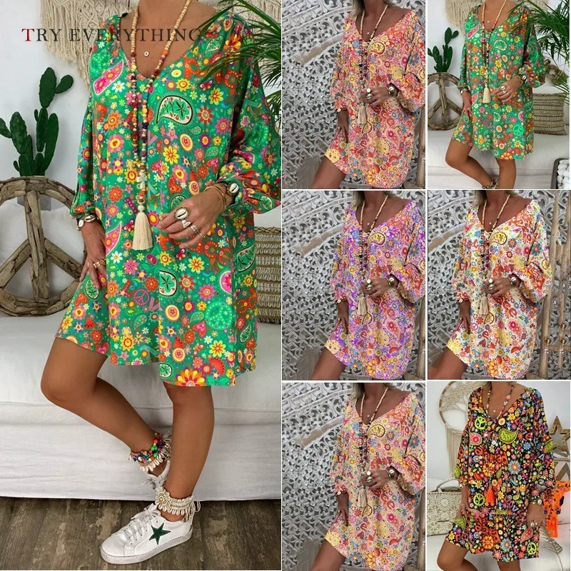 

Floral Maxi Beach Dress Women Summer 2019 Plus Size Casual Dress Print Ladies Long Sleeve Loose Midi Dresses For Women 3XL 5XL