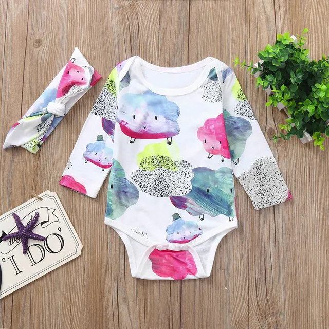Kids Baby Long Sleeve Cartoon Clouds Print Outfits Clothes Romper+ Hair Strap Two Piece Set Sweet Baby Kids Clothing Set