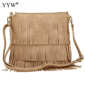 

YYW Women Leather Bags Tassels Shoulder Crossbody Bag Inspirational Solid Khaki Mochila Feminina