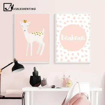 

Custom Name Poster Baby Girl Nursery Wall Art Canvas Painting Cartoon Deer Print Nordic Kids Decoration Picture Bedroom Decor