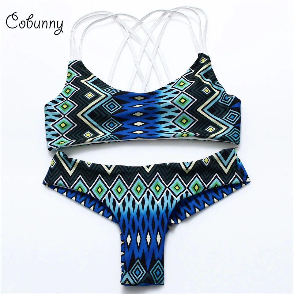 

COBUNNY 2016 Geometric Printed Bikini Cross Back Strap Swimwear Swimsuit Seamless Bathing Suit Brazilian Bikini Set