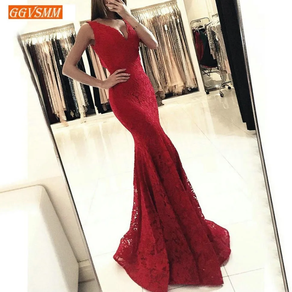 

Luxury Lace Red Long Evening Dresses 2019 High Quality Sexy Mermaid Evening Gowns V Neck Floor Length Women Formal Party Dress