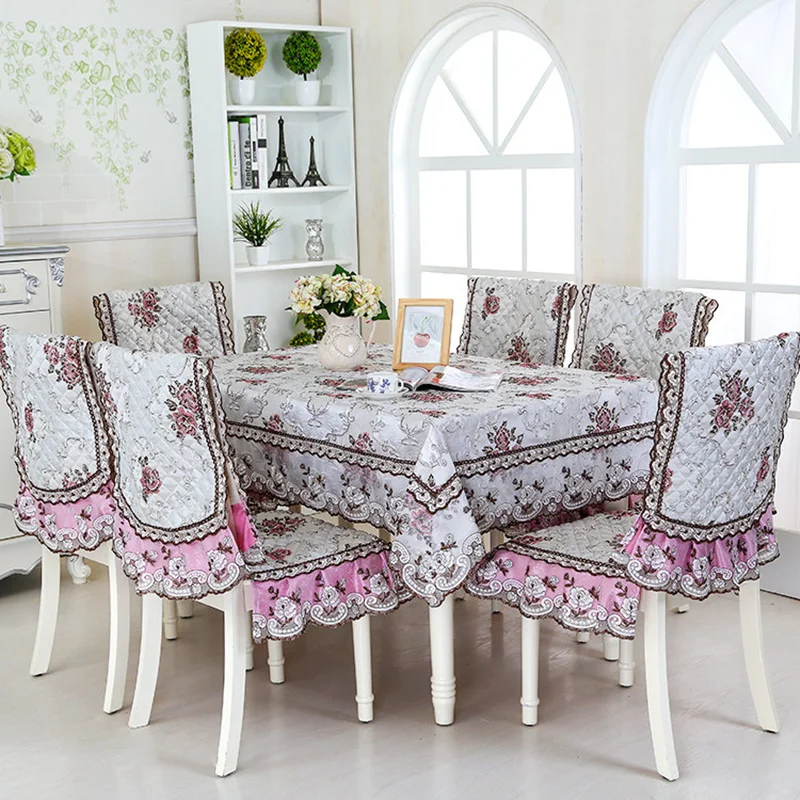 

9pcs/set Embroidery Flower Table Cloth with Chair Covers Rectangular Dining Table Cover Lace Edge Wedding Home Tablecloth