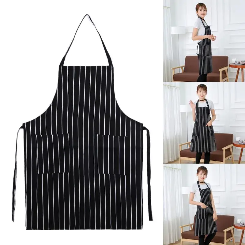 

Brief Apron Waterproof Oilproof Stripe Bib Apron with 2 Pockets Chef Cook Tool for Home Kitchen Sanitary Food Drink Making