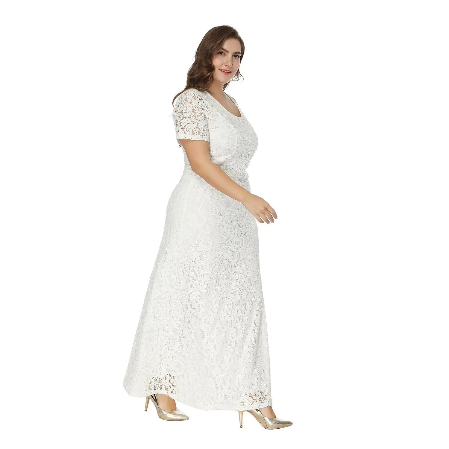 

New large size long hollow New Hot 2018 summer and autumn short sleeved full lace dress White Dress