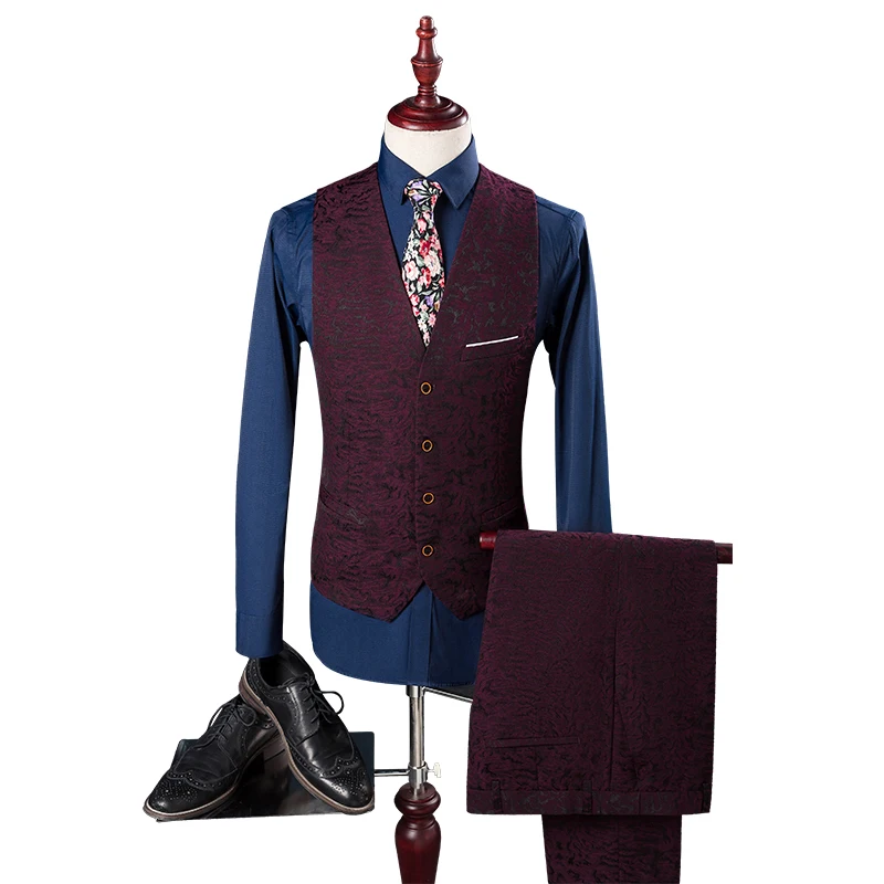 (Jacket+Vest+Pants)Fashion Leisure Suits  Men's Rhree-piece Wine Red Print Korean Slim After the Split Suit Bridegroom Wedding