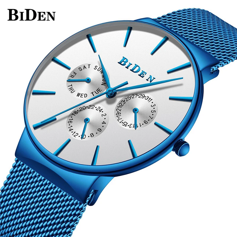 Unique Royal Blue Mens Watch Top Luxury BIDEN Iron Net Web Mesh Bracelet Watch Men Clock 2