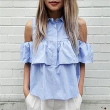 New Arrival 2016 Summer Style Women Off Shoulder Casual Blouse Shirts Blue&WHITE Ruffles Short Blusas Ladies Crop Tops