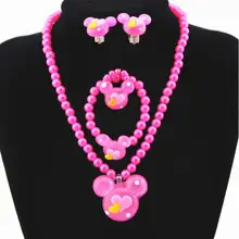 1 комплект = 4 предмета, ожерелье/браслет/кольцо/серьги с искусственным жемчугом для маленьких девочек с милым рисунком Микки Мауса, Детские комплекты ювелирных изделий