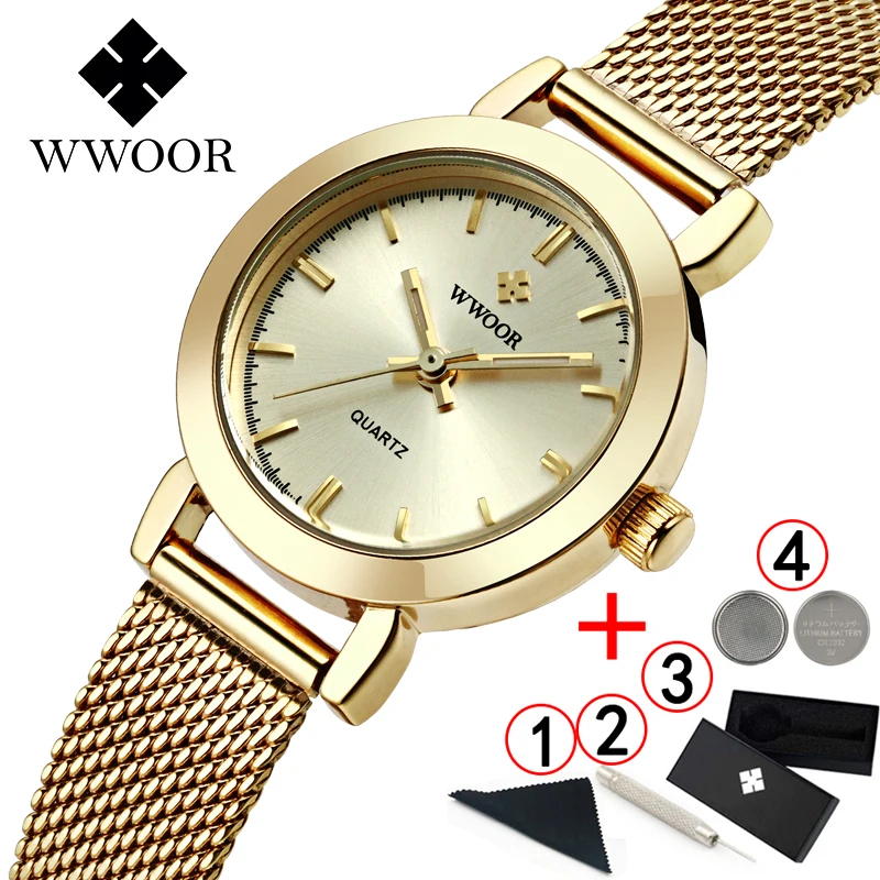 

WWOOR Gold Watch Women Famous Luxury Brands 2019 Small Dial Ladies Watches Mesh Band Wrist Watches For Women Relogio Feminino