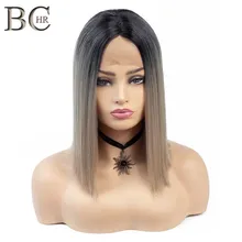 BCHR короткие прямые синтетические 13*4 парик фронта шнурка темный корень блонд Омбре парик для женщин кружева Боб волос