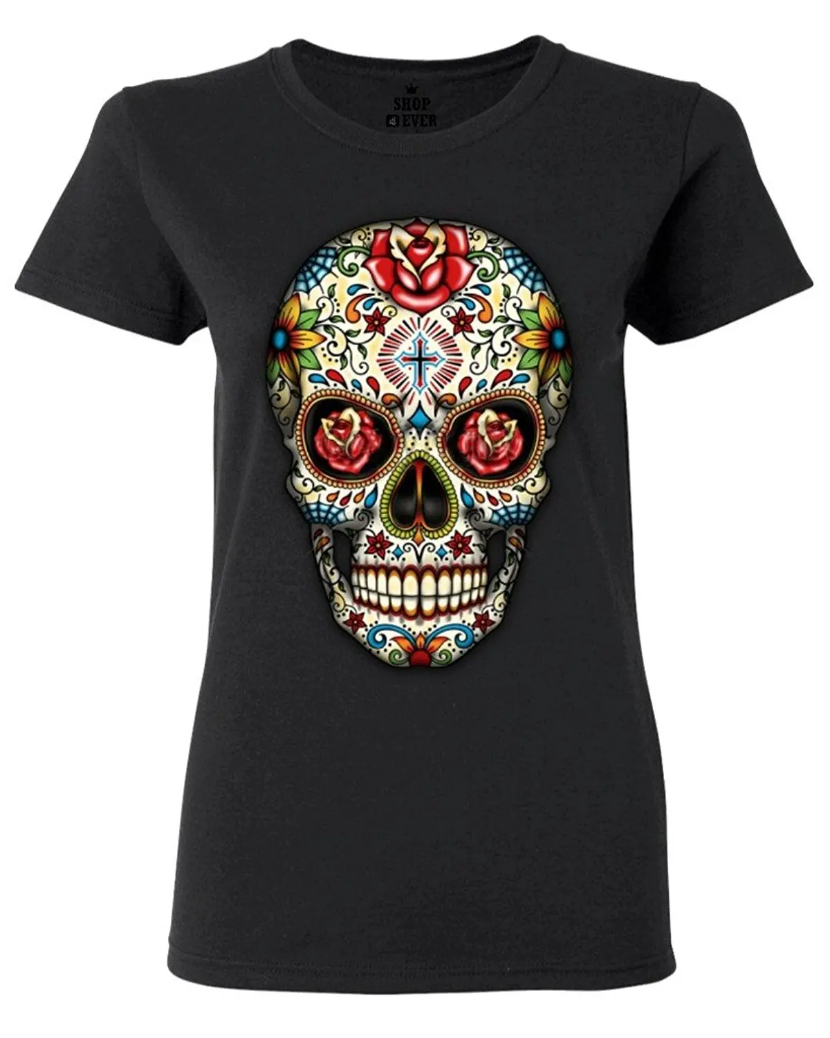 Shop4Ever Skull Red Roses Women's T Shirt Day of the Dead Shirtsin T