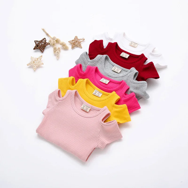 New Summer Baby Girls Candy Color Off-shoulder Short Sleeved Kids T-shirt Cotton Clothes Tops Cute New Cute T-shirt