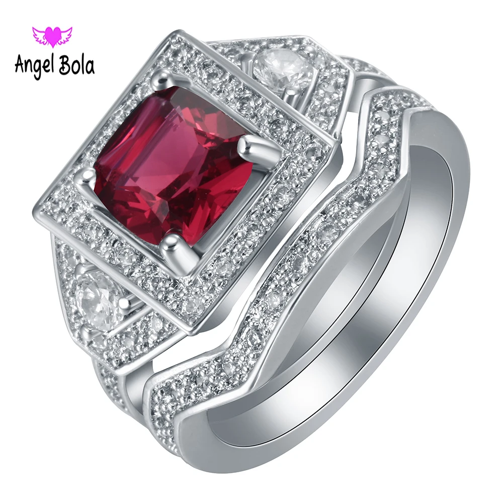 Shining Square Red Zircon Wedding Ring Set Vintage Fashion