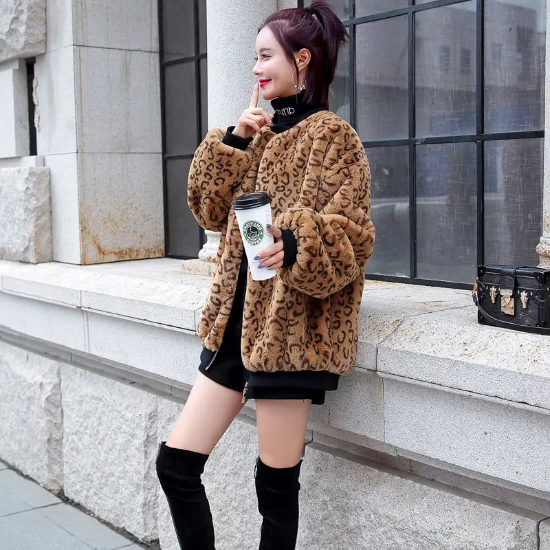 Vangull New Winter Fur Coat Women Leopard Faux Fur Jacket Plus Velvet Thick O-Neck Long Sleeve Warm Fur Jackets Coats New