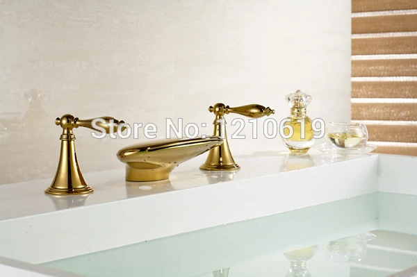 

Newly US Free Shipping 3Pcs Creative Waterfall Widespread Bath Tub Faucet Luxury Golden Polish Deck-mounted Mixer Tap