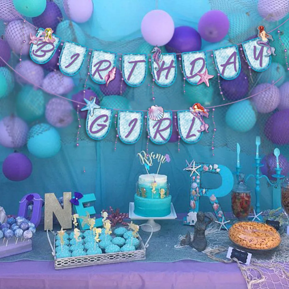 

3D Mermaid Banner Birthday Girl Banner Pearl Beads Little Mermaid Party Supplies Under the Sea Party Baby Shower Beach Party