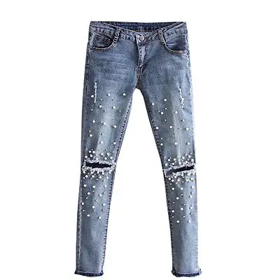 

Women Cool Destroyed Ripped pearled Slim Denim Pants Boyfriend Jeans Trousers