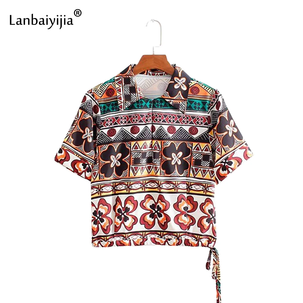 

Lanbaiyijia Newest Summer Turn-down Collar Women Blouse Short Sleeve Flower Geometric print loose Short shirt Women shirts S M L