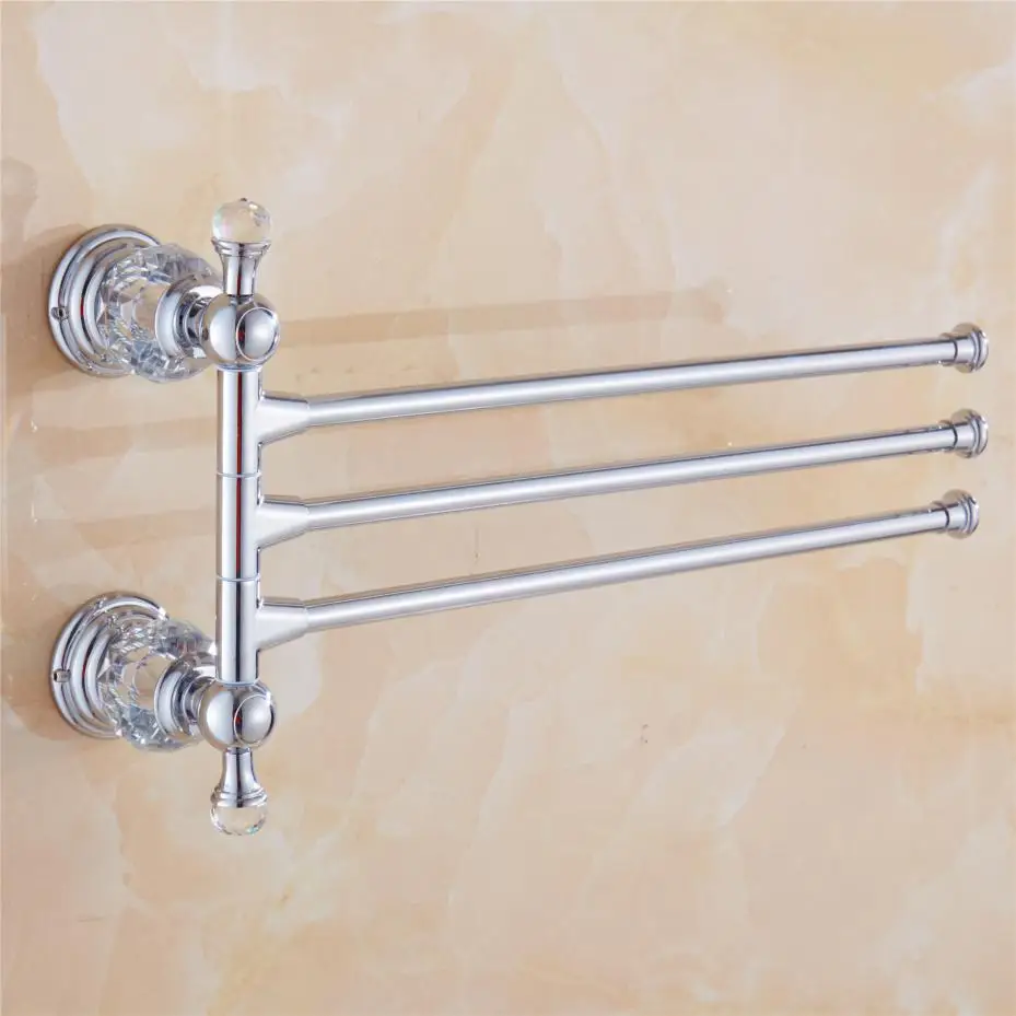 

Silver 3 Arms 30cm Length Wall Mounted Brass Chrome Polished Towel Racks Luxury Crystal Bathroom Accessories Set Victor A