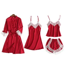 BZEL, 4 шт., женский халат, комплект, кружевное платье на бретельках, сексуальная ночная рубашка с v-образным вырезом, пижама, Feminino, шелковый атлас, одноцветная летняя Домашняя одежда, белье, костюм