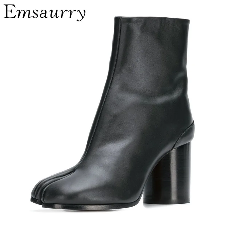 

Fashion Split Toe Ankle Boots Women Classic Round Heels Real Leather Glitter Black Silver Novelty Button Short Botas Mujer