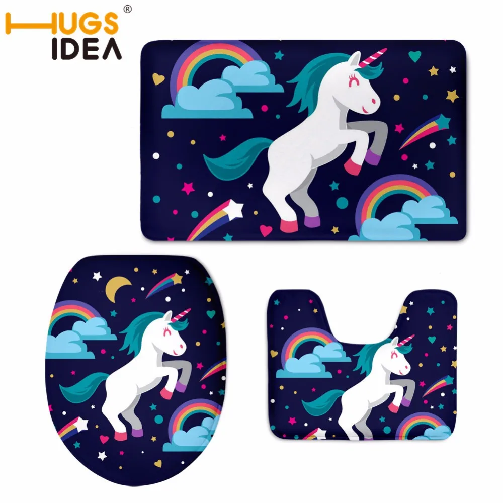 

HUGSIDEA 3pcs/set Toilet Seat Cover Unicorn Rug Bathroom Set Decoration Rug Christmas Xmas Overcoat WC Seat Cover Decoration