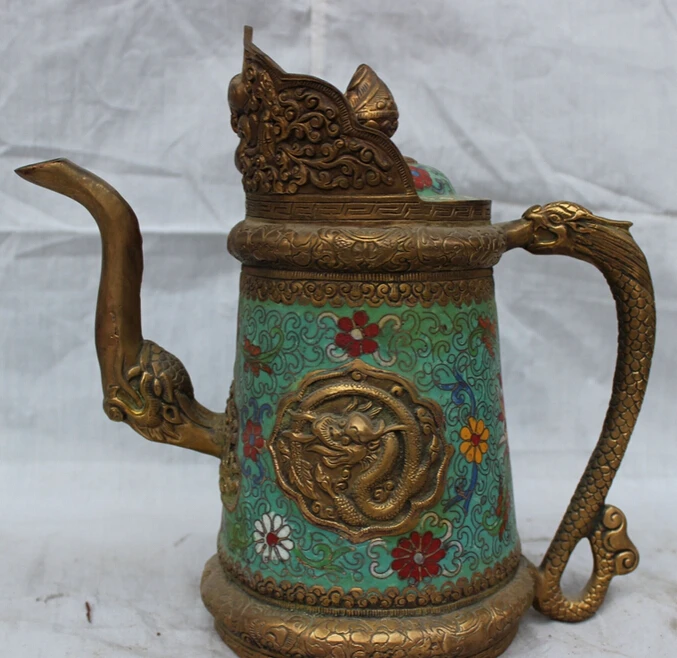 

Collectible bronze S1203 12" Chinese Cloisonne Bronze Gilt Palace Dragon Head Statue Teapot Wine Pot (B0413)
