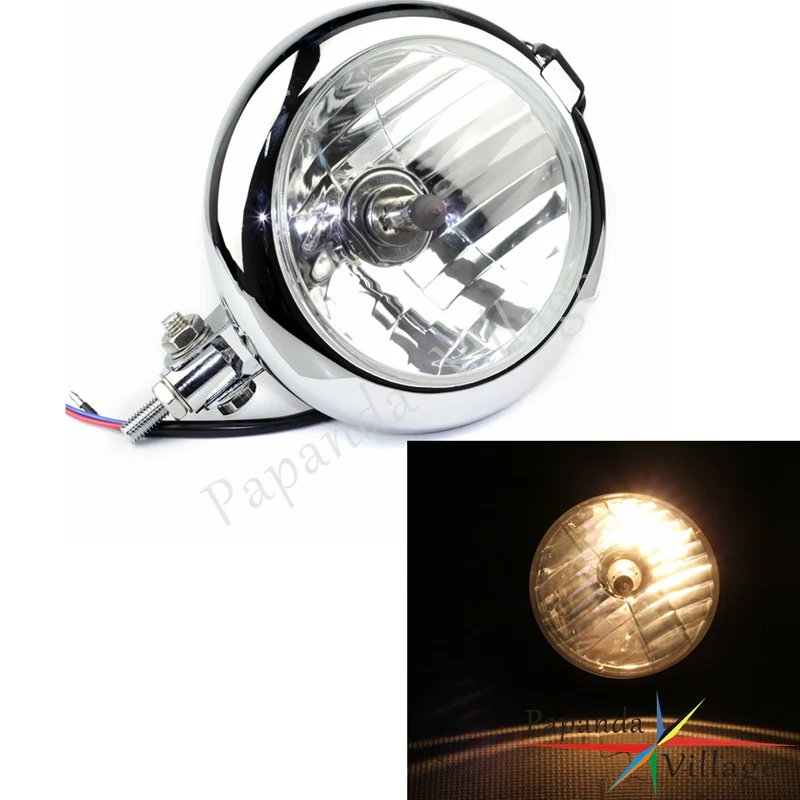 

Papanda Motorcycle Emark H4 Chrome Vintage 4" Head Light Head Lamp for Harley Bobber Chopper Custom