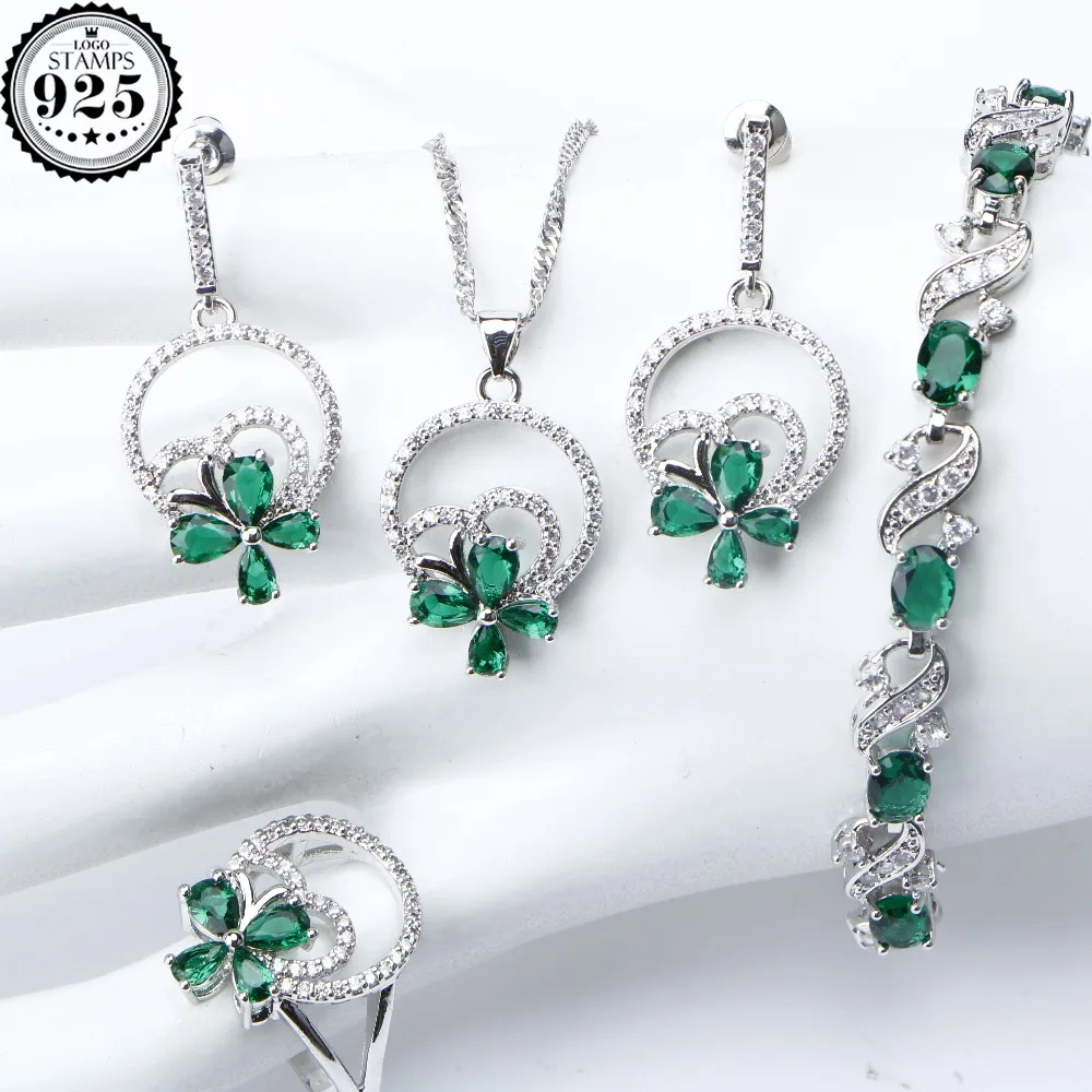 

925 Sterling Silver Costume Bridal Jewelry Sets Women Green Zircon Bracelet Necklace Pendant Earrings With Stones Ring Gift Box