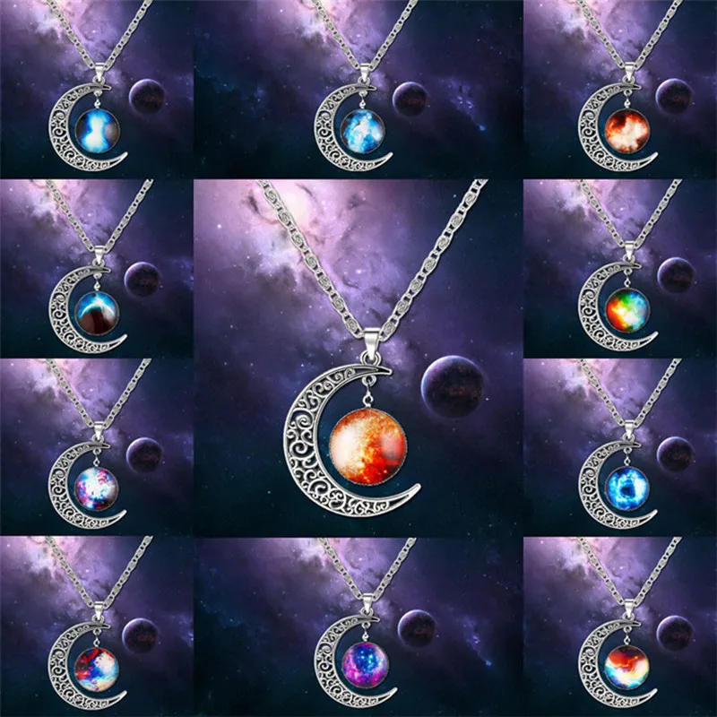 

2015 Planet Galaxy Necklace Lovely Galaxy Nebula Space Cabochon With Alloy Hollow Moon Pendant Color Chain Necklace