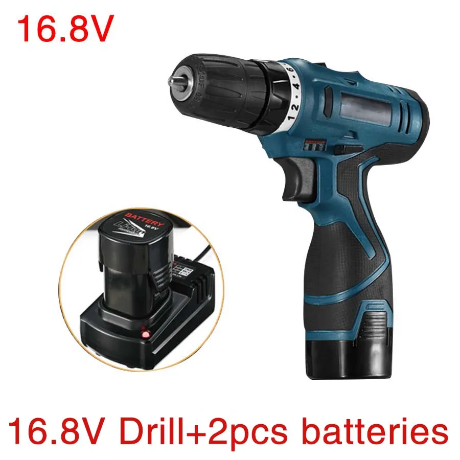 16.8V Cordless Screwdriver Electric Drill Two-Speed Rechargeable 2pcs Lithium Batteries Waterproof Drill