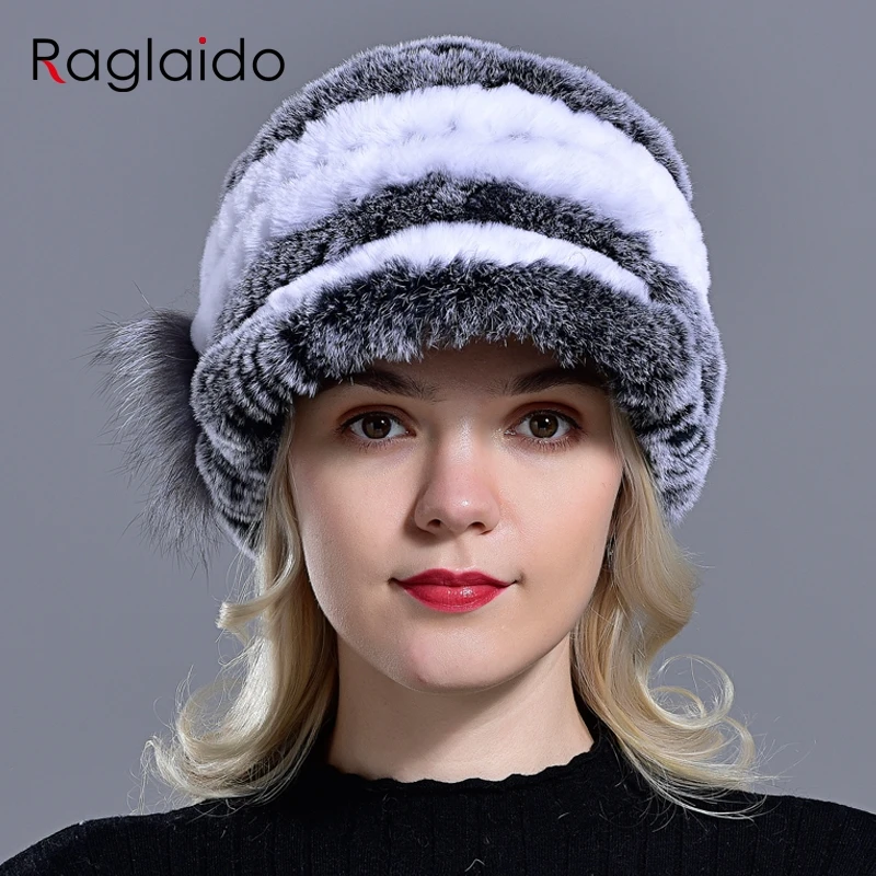 Raglaido кролика Cap шляпы для женщин зима цветочные Настоящее Рекс меховая шапка