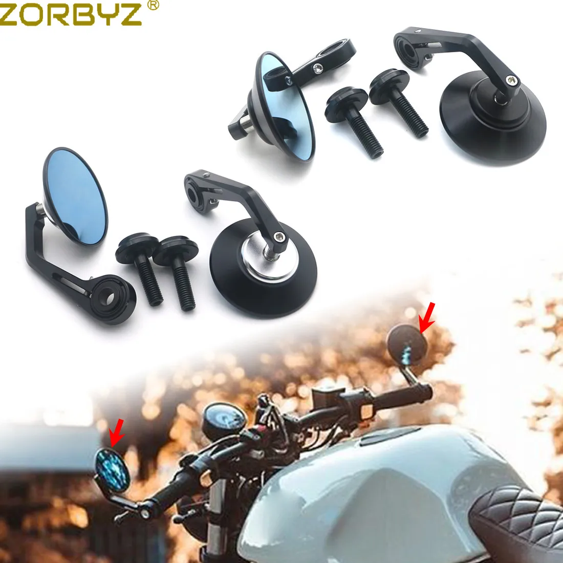 

ZORBYZ Motorcycle Black CNC Aluminium Round Handlebar end Side Mirror 12mm Bolt-on For BMW R nineT Scrambler Urban