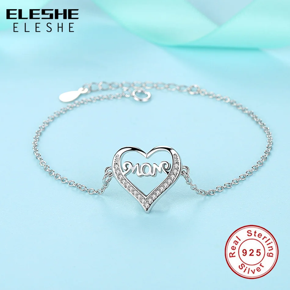 ELESHE Cubic Zirconia Mom Heart Bracelets & Bangles 925 Sterling Silver Fashion Jewelry Adjustable Hand Chain Gift For Women