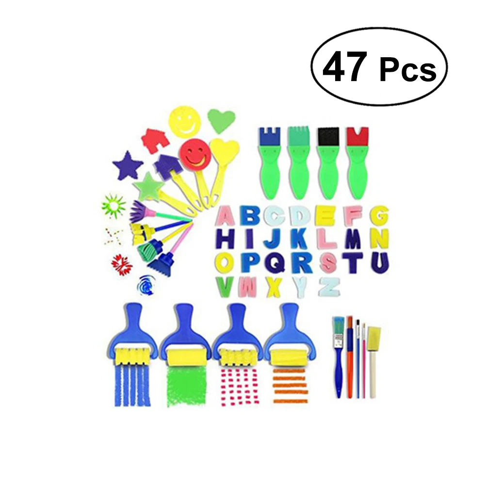 47Pcs Kids Sponge Paint Brushes Kits,Washable Foam Brushes Art Crafts Sponge Brush Flower Pattern Brush for Kids Toddlers Early Learning