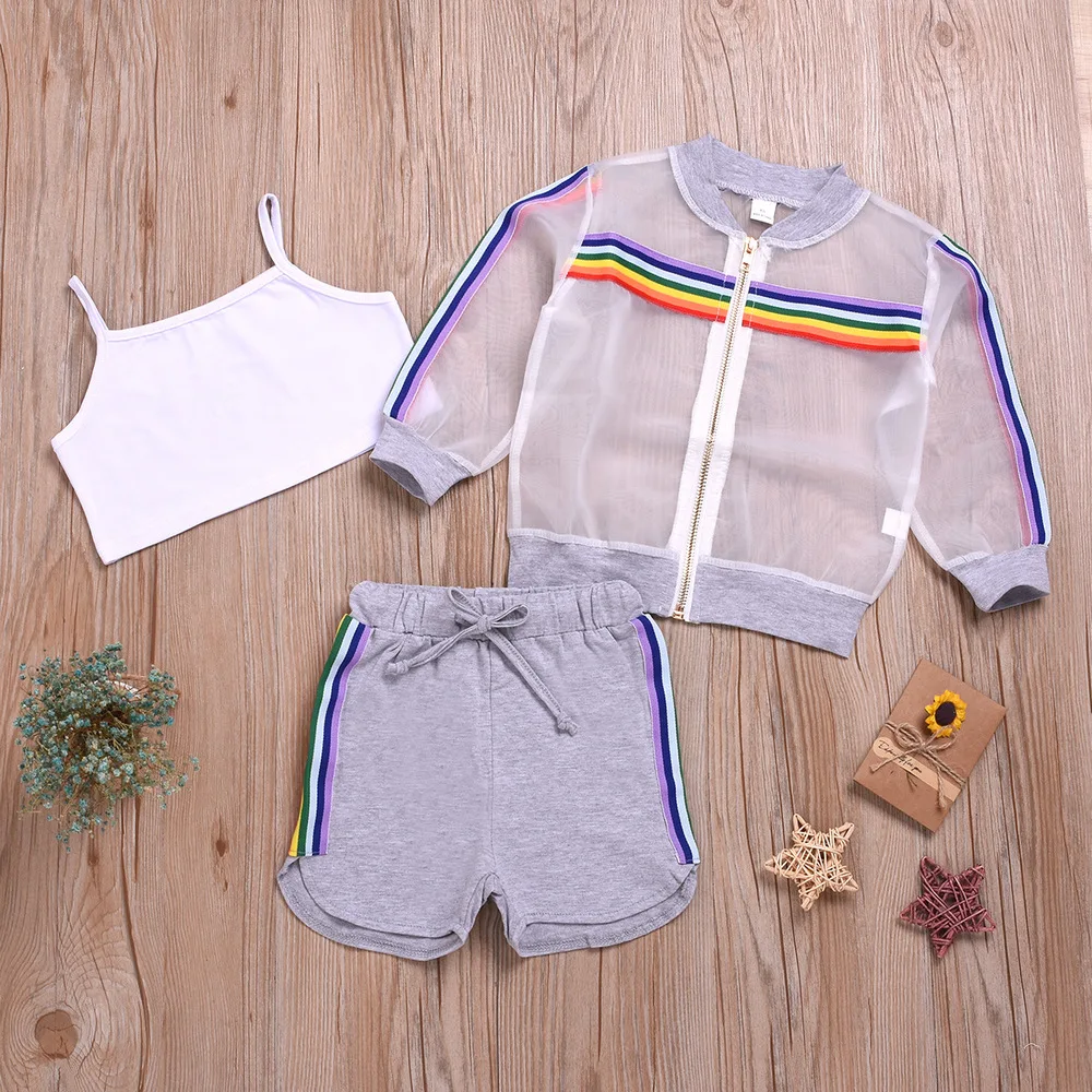 3Pcs Toddler Girl Clothes 2019 Summer Kid Rainbow Sun Protection Clothing Vest Shorts Children Set Outfits Sports Suit For Girls (11)