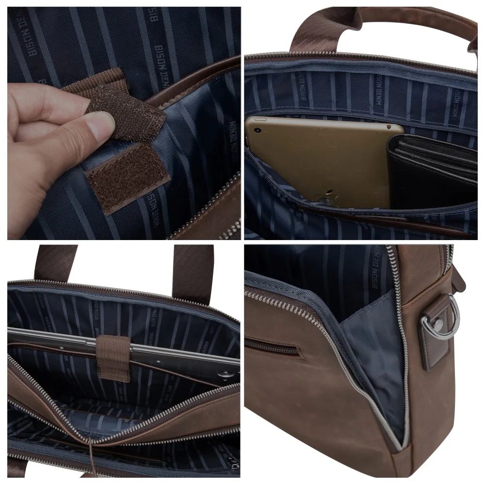 BISON DENIM Brand Men's Briefcase Satchel Bags Genuine leather 14\