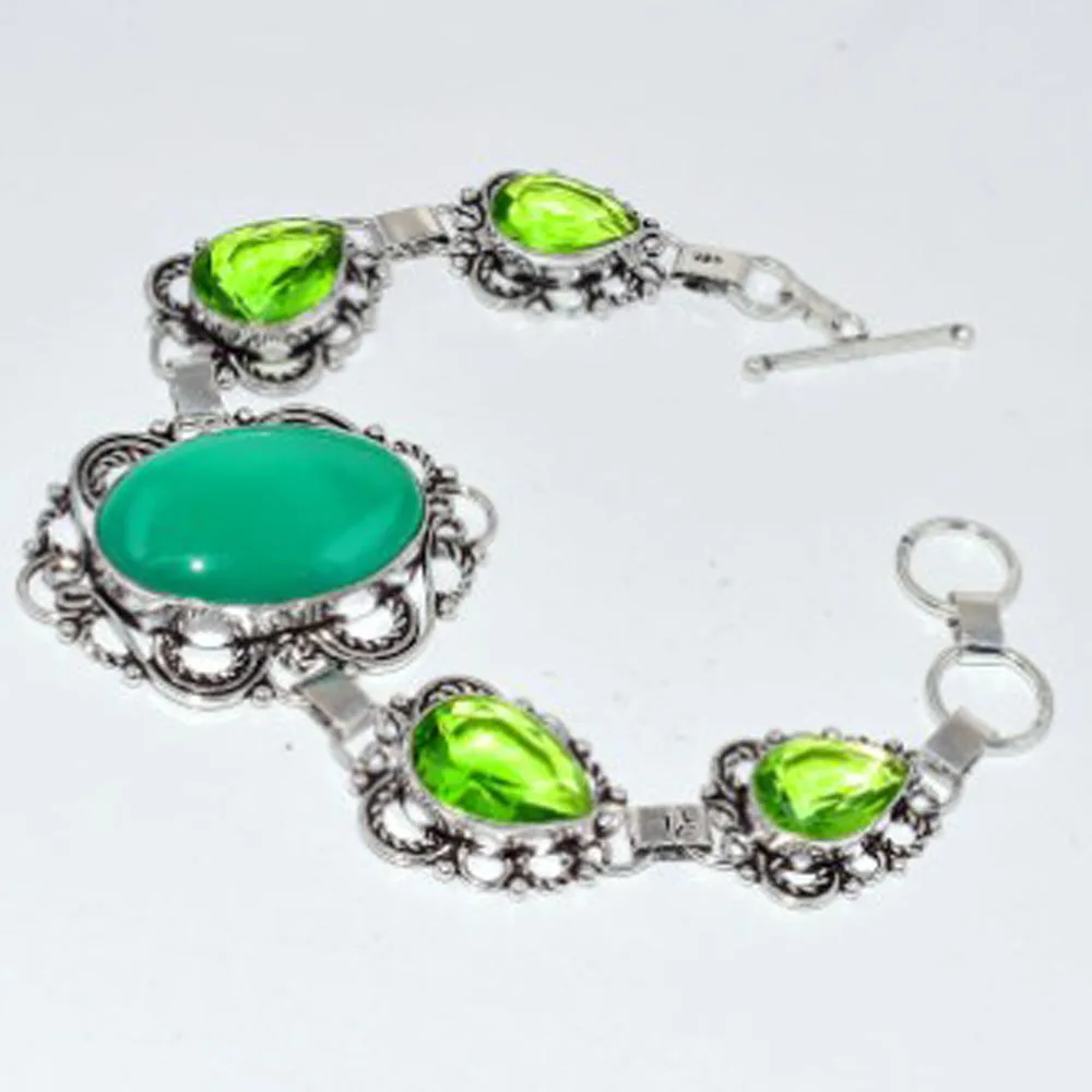 

Botswana Agates& Peridots Bracelet Silver Overlay over Copper, 20cm , B2995