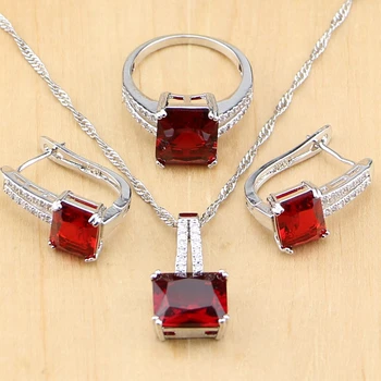 

Square 925 Silver Bridal Jewelry Sets Red Stones White CZ Decorations For Women Earrings/Pendant//Rings/Necklace set