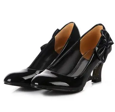 XingDeng/Модные женские Вечерние туфли на высоких каблуках с круглым носком и милым бантом; женские туфли-лодочки на танкетке; свадебные туфли; большие размеры 34-43 - Цвет: black
