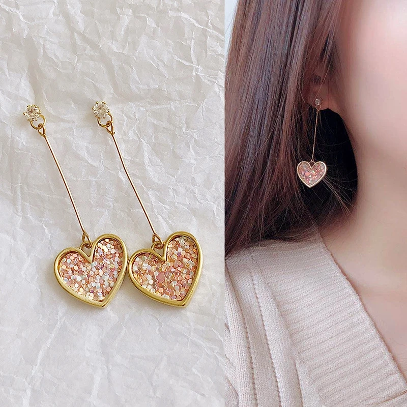 

New Fashion Elegant Jewelry Shiny Multicolor Sequins Love Heart Long Drop Earrings for Women Korean Style Sweet Girls Pendientes
