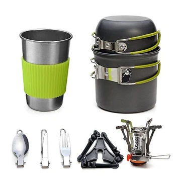 

1Set Camping Cookware Picnic Cooking Set Aluminium Alloy Tableware Picnic Utensils Pot Pan Bowl with Green Handle for 1-2 person