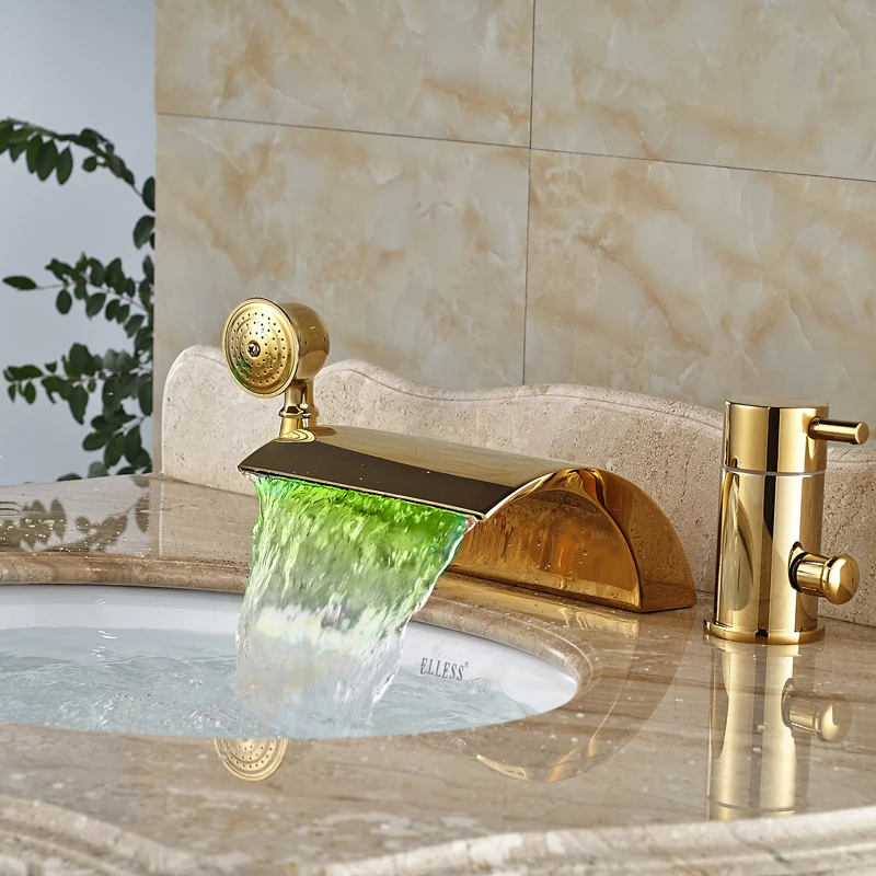 Deck Mount LED Light Brass Golden Bahtub Faucet Single Handle Waterfall Tub Mixer Tap with Hand