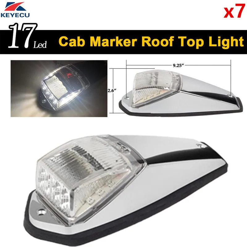 

KEYECU 7Pack 17LED White Roof Light Chrome Cab Marker Clearance Roof Running Top Light Assembly for Heavy Duty Trucks Peterbilt
