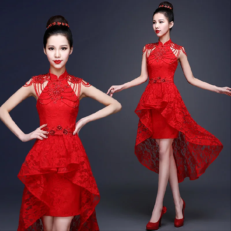 

Red Lace Chinese Evening Dress Beading Applique Short Front Long Back Bride Wedding Qipao Backless Cheongsam Sexy Custom