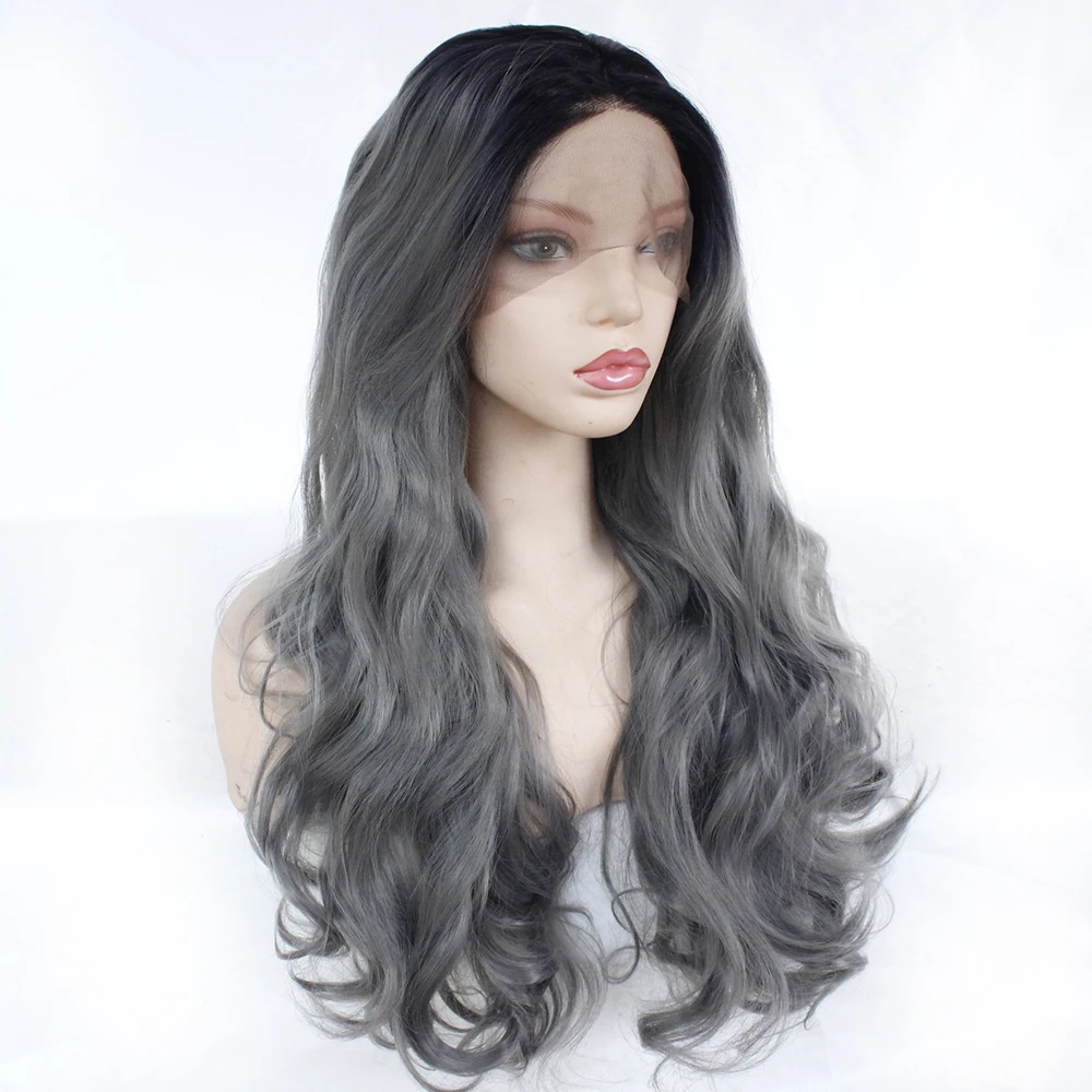 Body Wave Black Roots Ombre Dark Grey Synthetic Lace Front Wigs High Temperature Fiber Cosplay Daily Natural Wigs For Women Body Wave Black Roots Ombre Dark Grey Synthetic Lace Front Wigs High Temperature Fiber Cosplay Daily Natural Wigs For Women