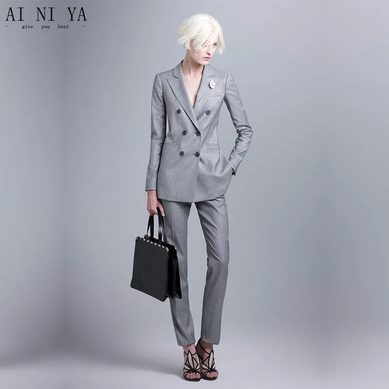 Hot Sale Womens Business Suits Light Gray Double Breasted Long Sleeve