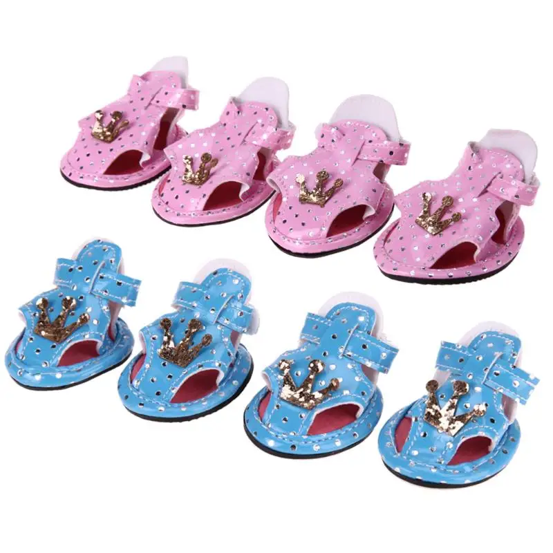 4pcs Pet Dog Shoes Summer Cute Crown Dog Sandals Skidproof PU Small Dog Puppy Shoes for